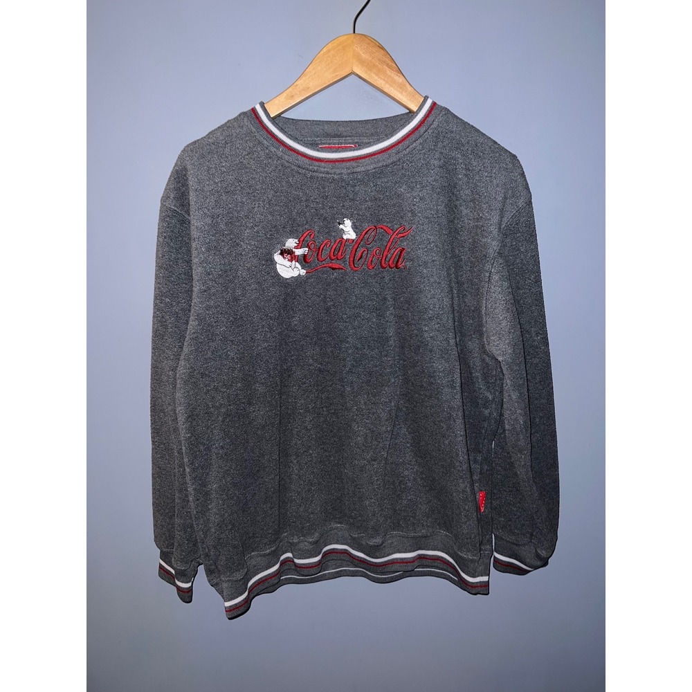 Vintage Coca-Cola Polar Bear Embroidered Sweatshirt Grey Red White Trim Pullover